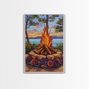 Firepit Sunset, Lake, Campfire, Framed Canvas Print lakeside bonfire painting, cozy outdoor scene, Fall cottage decor, family room wall art