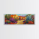 Desert Garden, Adobe Home, Cactus Pathway, Colorful Southwest, Framed Canvas Print, Kitchen Wall Art, Boho Western Decor, Vibrant Desert Scene
