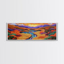 Desert River Sunset, Bold Nature Painting, Vibrant Landscape, Fall Wall Decor, Earthy Living Room Framed Canvas Print, Beach House Wall Art