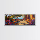 Garden Patio, Seaside Escape, Bright Cottage, Floral Path, Framed Canvas Print, Summer Porch Art, Kitchen Courtyard Painting