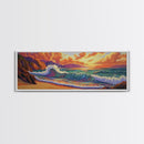 Sunset Surf, Rocky Coast, Vibrant Ocean, Evening Glow, Framed Canvas Print coastal bedroom art, surfer vibes, modern beach wall art