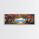 Seaside Trees, Autumn Canopy, Ocean View, Coastal Path, Framed Canvas Print colorful fall wall art, entryway decor, boho nature scene