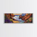 Rocky Shore, Ocean Splash, Sunset Cove, Botanical Scene, Framed Canvas Print, vibrant coastal wall art, beach bathroom decor, ocean vibe