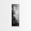 Lakeside Mist, Rocky Shoreline, Tranquil Forest, Framed Canvas Print, Peaceful woodland wall art, Fall neutral decor, Nature themed office print