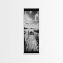 Docked Rowboat, Calm Waters, Rustic Pier, Serene Lake View, Framed Canvas Print, Black and White Coastal Art, Bedroom Wall Decor