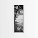 Coastal Tree Shade, Beach Sand Path, Seaside Serenity, Nature Retreat, Framed Canvas Print, Bathroom Wall Art, Neutral Tones, Calm Ocean Art