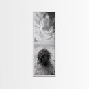 Beach Tumbleweed, Windy Dune, Coastal Drift, Seaside Simplicity, Monochrome Shoreline Framed Canvas Print, Bathroom Beach Wall Decor
