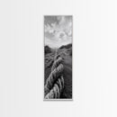 Rope in Sand, Beach Path Perspective, Coastal Journey, Framed Canvas Print, Bathroom Wall Art, Seaside Style, Minimalist Nautical Scene