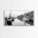 Fishing Boats Docked, Quiet Harbor Scene, Nautical River View, Framed Canvas Print, Kitchen Wall Art, Rustic Coastal Decor, Lodge Wall Art