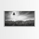 Lighthouse Grass, Seaside Tower, Stormy Sky, Black White, Framed Canvas Print, Beach Bathroom Art, Minimalist Decor, Nautical Print