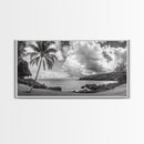 Tropical Coast, Palm Beach, Island View, Cloudy Sky, Framed Canvas Print, Coastal Living Room Art, Beach Wall Decor, Summer Style