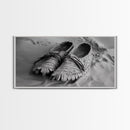 Moccasins in Sand, Rustic Footwear Art, Cultural Detail Photo, Framed Canvas Print, Boho Entryway Wall Decor, Western Minimalist