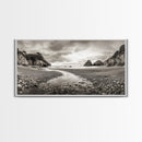Coastal Pebble Beach, Pacific Shoreline, Serene Nature Landscape, Framed Canvas Print, Neutral Bedroom or Fall Living Room Wall Art