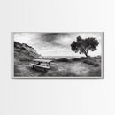 Picnic Table View, Coastal Meadow Scene, Tree and Cliff Horizon, Framed Canvas Print, Relaxing Kitchen or Outdoor Patio Wall Art