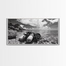 Dive Gear Shoreline, Ocean Exploration Scene, Black and White Adventure Art, Canvas Print, Nautical Decor, Man Cave Wall Art, Nautical Wall Art