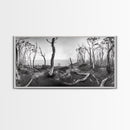 Burnt Forest, Moody Trees, Coastal Landscape, Nature Scene, Framed Canvas Print, Rustic Wall Art, Boho Decor, Fall Home Aesthetic
