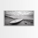 Surfboard, Coastal Shore, Serene Beach, Cloudy Sky, Framed Canvas Print, surfer room decor, rustic beach wall art, neutral home style