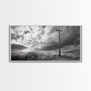 Power Pole, Rural Landscape, Stormy Sky, Country Calm, Framed Canvas Print, farmhouse entryway wall art, rustic black and white print