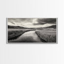 River Valley, Flowing Stream, Grassy Hills, Wilderness Calm, Framed Canvas Print, rustic home decor, Fall art, cabin wall landscape print
