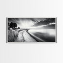 Calm Beach, Grassy Dunes, Serene Shoreline, Peaceful Water, Framed Canvas Print, Minimalist Art, Bedroom Wall Decor, Coastal Calm