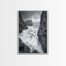 Stormy Coast, Crashing Waves, Ocean Drama, Framed Canvas Print, Living Room Wall Art, Bold Seascape Photography, Monochrome Modern Art