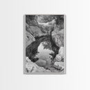 Reflective Rock Pool, Tranquil Nature, Monochrome Landscape, Black and White Framed Canvas Print, Minimalist Bathroom or Spa Wall Art