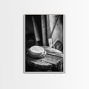 Artisan Soap Still Life, Rustic Wellness Scene, Country Bathroom, Monochrome Framed Canvas Print, Farmhouse Bathroom Wall Art