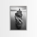 Solitary Cliff Tree, Calm Waters, Moody Horizon, Framed Canvas Print, Minimalist Nature Wall Art, Office Wall Decor, Zen Art