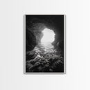 Sea Cave Entrance, Ocean Grotto, Light Escape, Rocky Tide, Canvas Print, Bathroom Wall Art, Black and White Seascape Photo