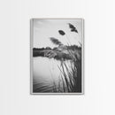 Reed Grass, Gentle Breeze, Black and White Nature, Canvas Print, Minimalist Wall Art, Tranquil Lake Scene, Bedroom Decor