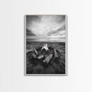 Coastal campfire glow, serene seaside bonfire, sunset flames, sandy warmth, Framed Canvas Print, Fall decor, cozy cabin wall art