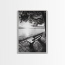 Peaceful Lake Bench, Tranquil Sunrise, Tree Shade View, Nature Serenity, Framed Canvas Print, Minimalist Art, Bedroom Wall Decor