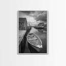 Docked Rowboat Scene, Calm Harbor, Coastal Village, Still Waters, Framed Canvas Print, Seaside Art, Beach House Wall Decor