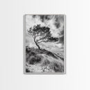Windswept Tree, Coastal Landscape, Stormy Sky, Framed Canvas Print, Modern Rustic Wall Art, Nature Photography, Bedroom Wall Accent