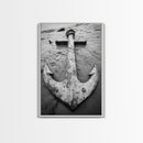 Abandoned Anchor, Nautical Decor, Black White Beach, Framed Canvas Print, Rustic Coastal Wall Art, Entryway Nautical Accent