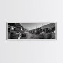 Mediterranean Market Scene, Travel Wall Decor, Rustic Street View, Framed Canvas Print, Kitchen Wall Art, Black and White Photography