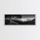 Coastal Night, Tree Silhouette, City Horizon, Framed Canvas Print, Moody Landscape Art, Modern Living Room Wall Decor