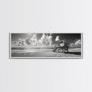 Lifeguard Tower Sky, Beach Scene Clouds, Surfside Minimalism, Framed Canvas Print, Bathroom Wall Art, Modern Coastal Decor