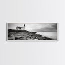 Classic Lighthouse Shore, Rocky Coastline Fog, Seaside Charm, Framed Canvas Print, Office Wall Art, New England Coastal Decor