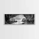 Sea Cave View, Coastal Rock Art, Monochrome Seascape, Framed Canvas Print, Bathroom Wall Art, Nature Photography, Moody Ocean Decor