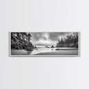 Misty Coastline, Dramatic Shore, Moody Ocean Scene, Framed Canvas Print, Coastal Living Room Art, Black and White Nature Decor
