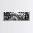 Tree Tunnel, Country Path, Fence Shadows, Framed Canvas Print, Black and White Nature Art, Rustic Wall Art, Autumn Entryway Decor