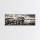 Island Shoreline, Rocky Coast View, Monochrome Nature, Framed Canvas Print, coastal kitchen decor, moody mountain beach wall art