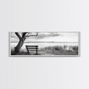 Quiet Lake Bench, Peaceful Reflection, Nature Photography, Framed Canvas Print, Serene Bedroom Decor, Minimalist Living Room Wall Art