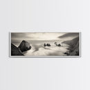 Rocky Coastline, Ocean Cliffs, Soft Waves, Long Exposure Landscape, Framed Canvas Print, Nautical Wall Art, Calm Living Room Decor