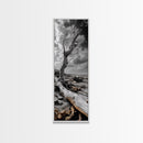 Weathered Tree, Coastal Roots, Dramatic Sky, Natural Form – Canvas Print, Living Room Wall Art, Monochrome Photography, Driftwood Decor
