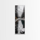Mountain River, Forest Reflections, Nature Tranquility, Winter Pines, Canvas Print, Serene Landscape Wall Art, Bedroom Cabin Decor