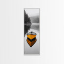 Foggy Lake Boat, Yellow Reflection, Moody Morning, Autumn Silence, Canvas Print, Cabin Wall Art, Minimal Nature, Rustic Lake Decor
