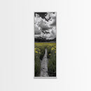 Yellow Field, Mountain Trail, Alpine Meadow, Bright Sky Framed Canvas Print, nature lover gift, landscape wall decor, cabin wall art