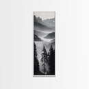 Foggy Mountains, Pine Forest, Valley Mist, Calm Landscape, Canvas Print, entryway wall art, cozy cabin vibes, grayscale art style